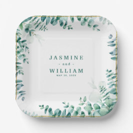 グリーンユーカリプトゥススクエアフレームボーダー結婚ズ ペーパープレート