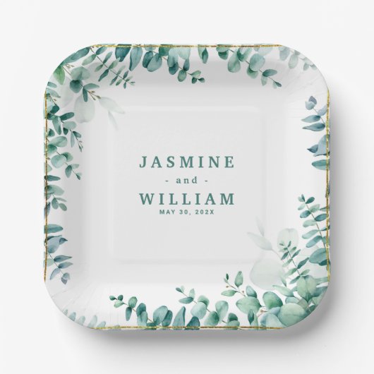 グリーンユーカリプトゥススクエアフレームボーダー結婚ズ ペーパープレート (正面)