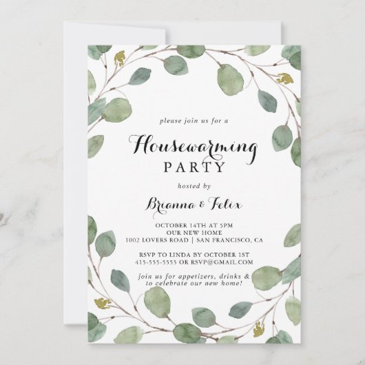 グリーンユーカリプトゥス葉引っ越し祝いパーティーパーティー 招待状 (正面)