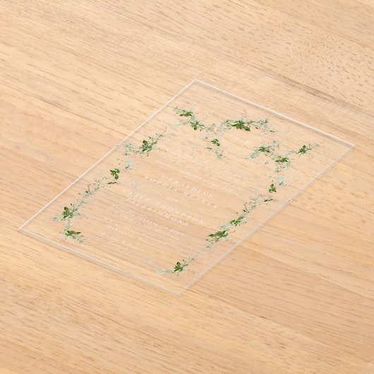 グリーンユーカリリースモノグラム結婚ズ アクリル招待状 (レイダウン)