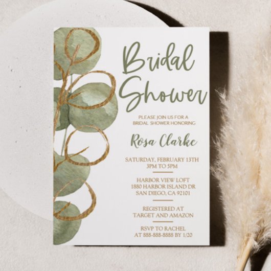 グリーンユーカリ及び金箔ブライダルシャワー 招待状