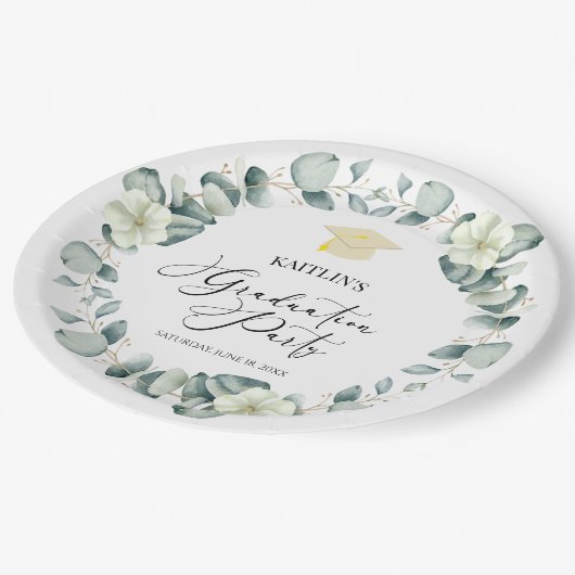 グリーンユーカリ植物卒業パーティー ペーパープレート (アングル)