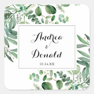 グリーンユーカリ植物学結婚封筒用シール スクエアシール