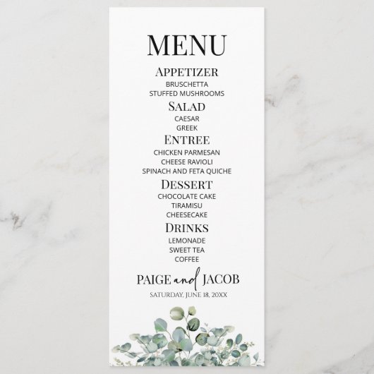 グリーンユーカリ植物性庭園の結婚式食品 メニュー (正面)