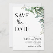 グリーンユーカリ植物結婚式の日付を保存 セーブザデート (正面)