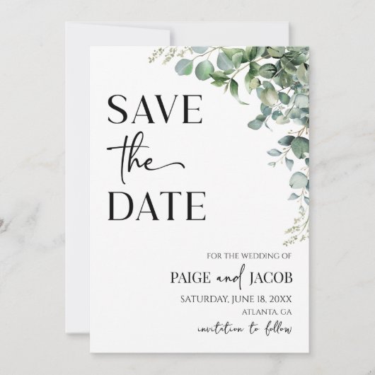 グリーンユーカリ植物結婚式の日付を保存 セーブザデート (正面)