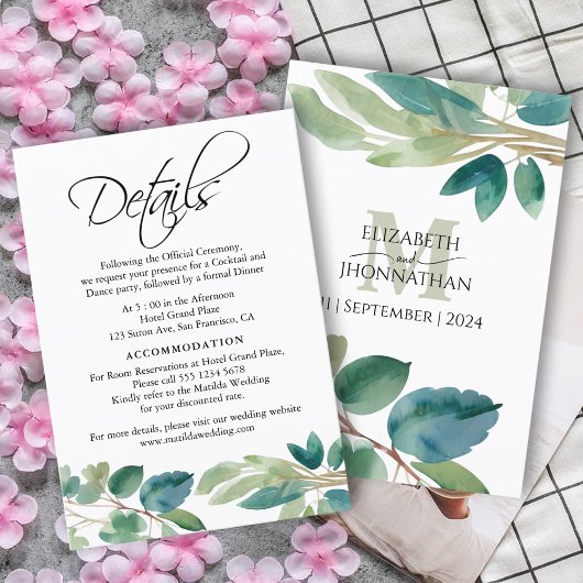 グリーンユーカリ水彩詳細モノグラム エンクロージャーカード