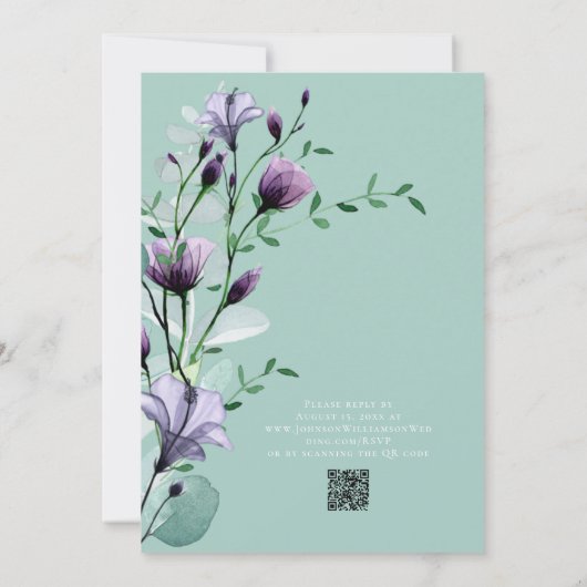 グリーンユーカリ紫の水色のフローラ結婚ズ 招待状 (裏面)