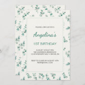 グリーンユーカリ葉スファースト誕生日 招待状 (正面/裏面)