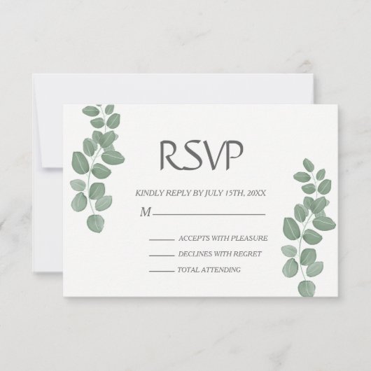 グリーンユーカリ葉パウントRSVPカード 出欠カード (正面)