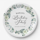 グリーンユーカリ葉パネス植物誕生日パーティー ペーパープレート (正面)