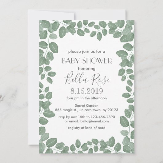 グリーンユーカリ赤ちゃんシャワーカード 招待状 (正面)