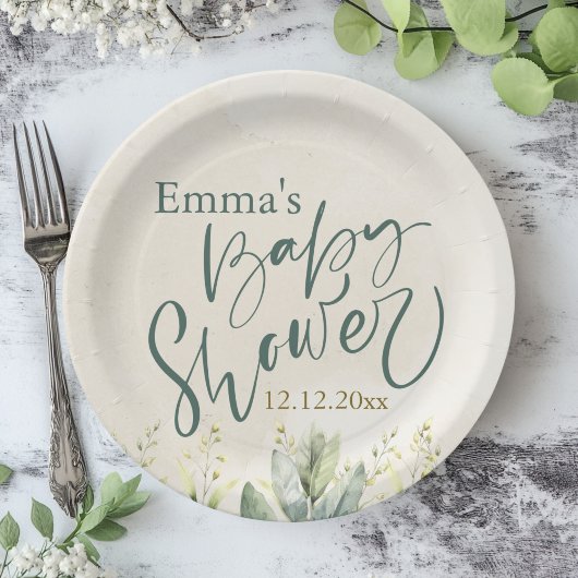 グリーンユーカリ赤ちゃんシャワー ペーパープレート