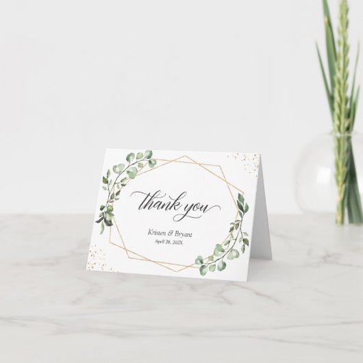 グリーンユーカリ金ゴールド幾何学模様ありがとう サンキューカード (正面)