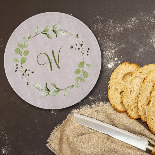 グリーンユーカリ&リーフリーススクリプトモノグラム カッティングボード