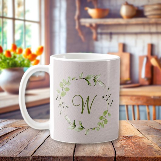 グリーンユーカリ&リーフリーススクリプトモノグラム コーヒーマグカップ