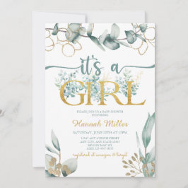 グリーンユーカリ |女の子の赤ちゃんシャワー水色 招待状