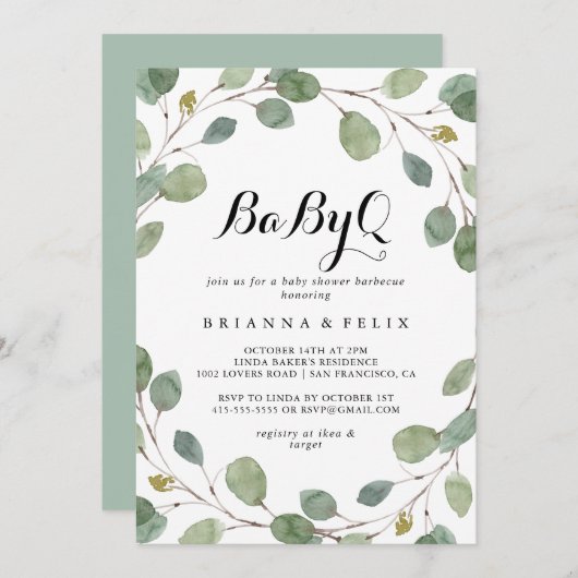 グリーンユーカリBabyQベビーシャワーバーベキュー 招待状 (正面/裏面)