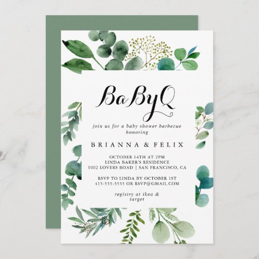 グリーンユーカリBabyQベビーシャワーバーベキュー 招待状 (正面/裏面)