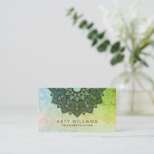 グリーンヨガインストラクターロータスフラワーウォーターカラー 名刺 (スタンド正面)