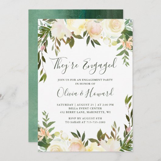 グリーンライウォーターカラーアイボリーフローラ婚約パーティ 招待状 (正面/裏面)