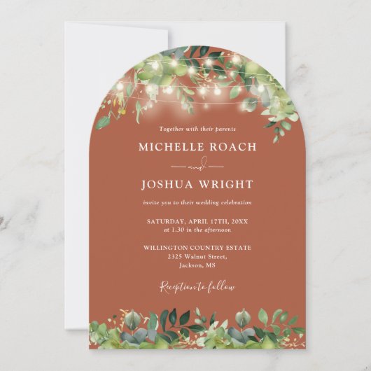 グリーンライト アーチ テラコッタ QRコード ウェディング 招待状 (正面)