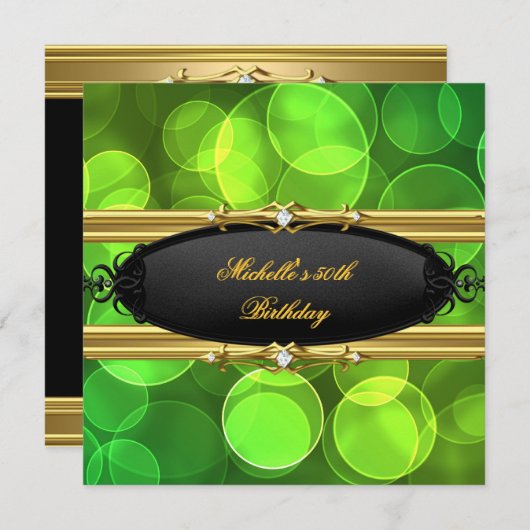 グリーンライムバースデーパーティー金ゴールドブラックダイヤモンド 招待状 (正面/裏面)