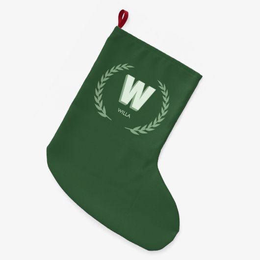 グリーンラウレルリースレターWモノグラム ラージクリスマスストッキング (正面 (吊り時))