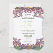 グリーンラズベリーゴールデンイエローブルーペイズリー孔雀 招待状 (正面)