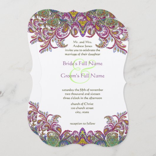 グリーンラズベリーゴールデンイエローブルーペイズリー孔雀 招待状 (正面/裏面)