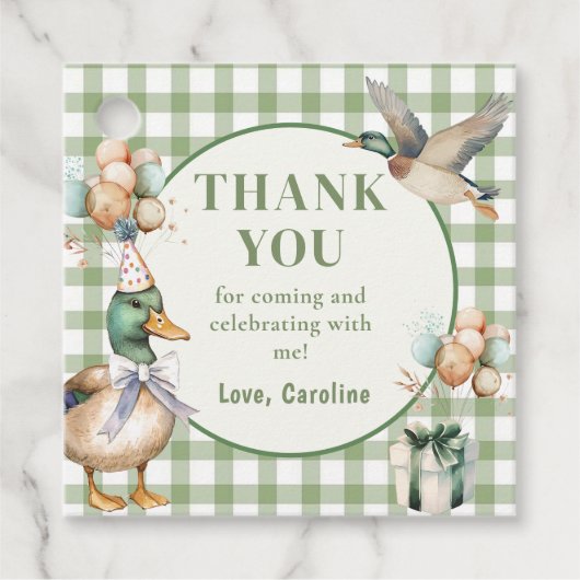 グリーンラッキーダックバルーン誕生日メッセージカード フェイバータグ (正面)