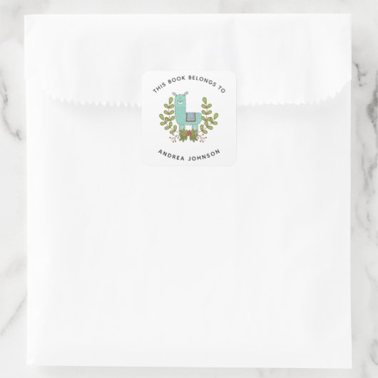 グリーンラマおもしろいキュート動物キッズネーム蔵書票 スクエアシール (バッグ)