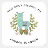 グリーンラマおもしろいキュート動物キッズネーム蔵書票 スクエアシール (正面)