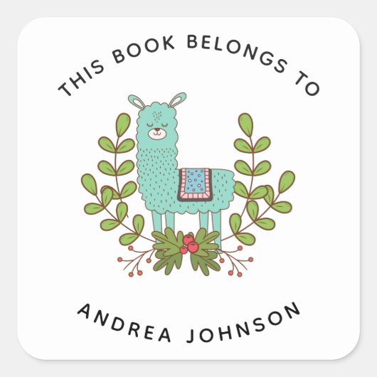 グリーンラマおもしろいキュート動物キッズネーム蔵書票 スクエアシール (正面)