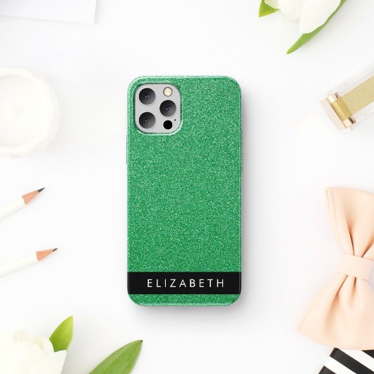 グリーンラメ、ラメ背景、お名前 iPhone 16ケース