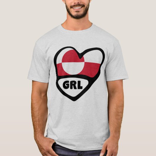 グリーンランド国コード国旗のハートピンバッジ、GRL Tシャツ (正面)