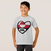 グリーンランド国コード国旗のハートピンバッジ、GRL Tシャツ (正面フル)
