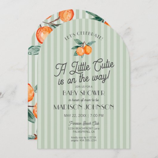 グリーンリトルかわいこちゃんオンザウェイシトラスベビーシャワー 招待状 (正面/裏面)