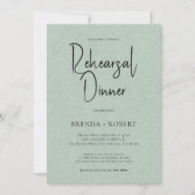 グリーンリネンシンプルホワイトスクリプトリハーサルディナー