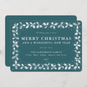 グリーンリノプリントのホリーデコレーション葉っぱのフレーム写真なし平カード シーズンカード (正面/裏面)