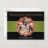 グリーンリボンクリスマスメダリオンフォトホリデー ポストカード (正面/裏面)