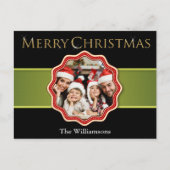 グリーンリボンクリスマスメダリオンフォトホリデー ポストカード (正面)