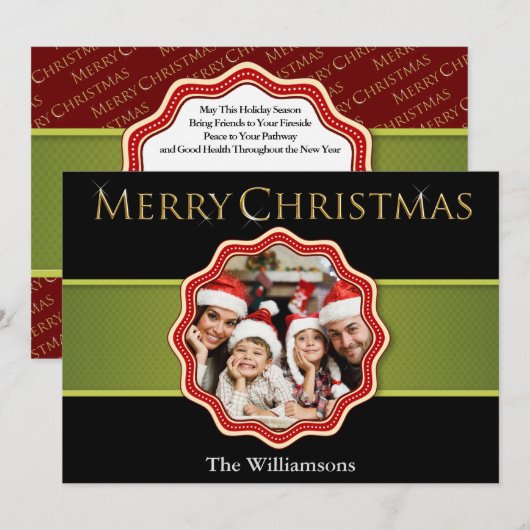 グリーンリボンクリスマスメダリオンフォト シーズンカード (正面/裏面)