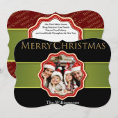 グリーンリボンクリスマスメダリオン写真ファンシー シーズンカード (正面/裏面)
