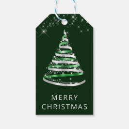 グリーンリボン&シルバーリボン&グリッタークリスマスツリー ギフトタグ