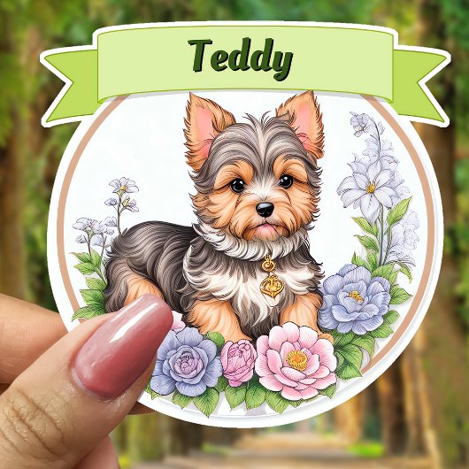 グリーンリボン，ヨークシャーとカラフルの花カスタムの シール