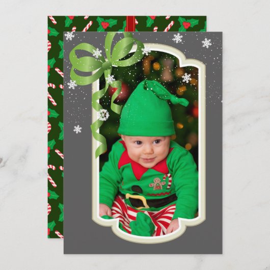 グリーンリボン、両面フォトクリスマスカード シーズンカード (正面/裏面)