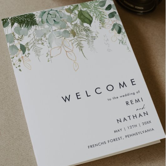 グリーンリーと金ゴールドリーフ折り畳み結婚式 プログラム