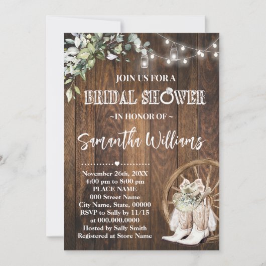 グリーンリーウェスタンブライダルシャワーカントリーウェディング 招待状 (正面)