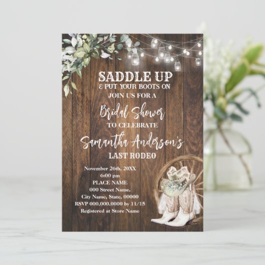 グリーンリーウェスタン女性のカーボーイサドルアップブライダルシャワー 招待状 (スタンド正面)